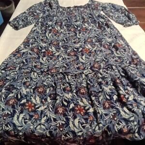 True Craft Women Babydoll Dress Size L Blue Floral 3/4 Sleeve Square Neck Boho